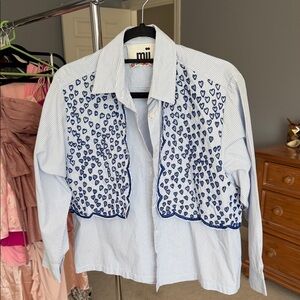 Miu Miu Blue and White Heart Embroidered Blouse